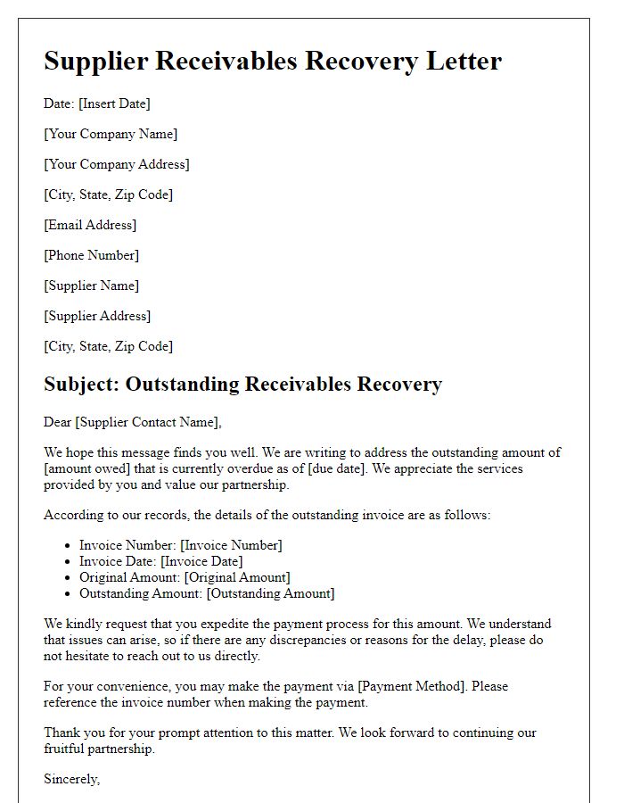 Letter template of supplier receivables recovery outline