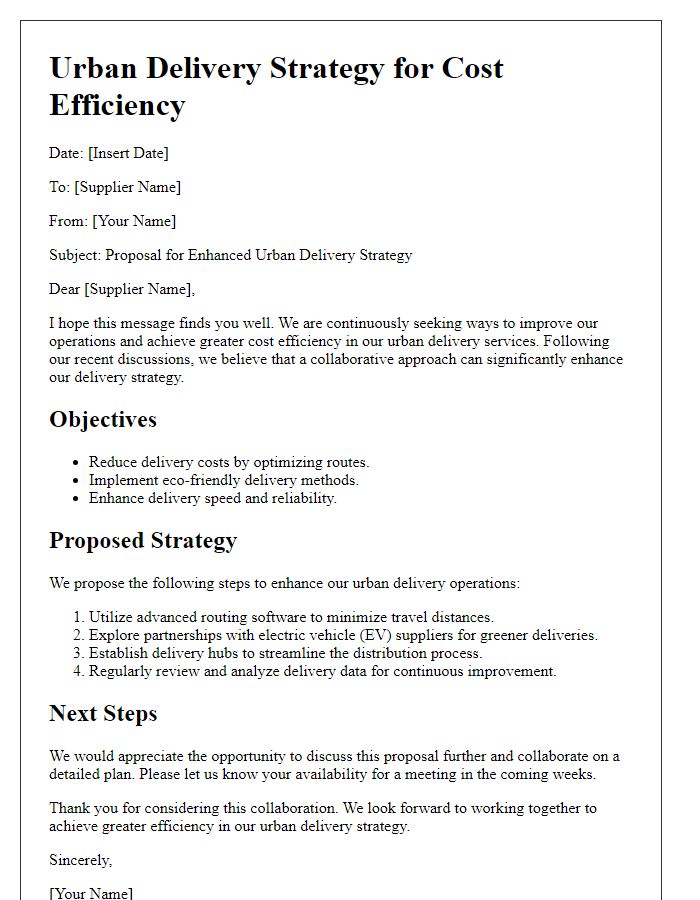 Letter template of supplier urban delivery strategy for cost efficiency.