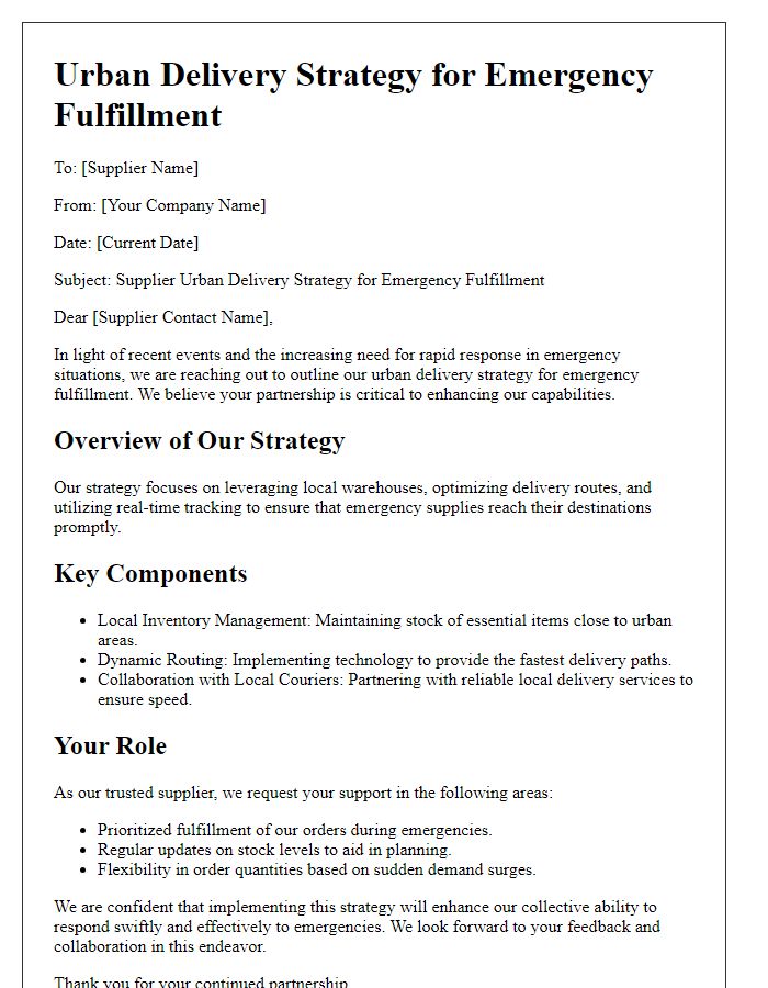 Letter template of supplier urban delivery strategy for emergency fulfillment.