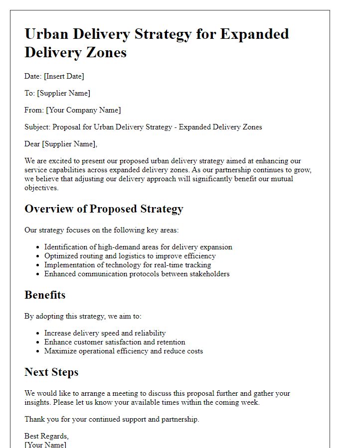 Letter template of supplier urban delivery strategy for expanded delivery zones.