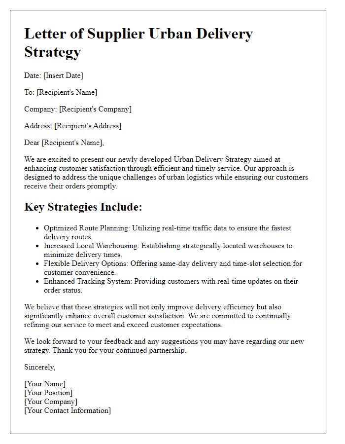 Letter template of supplier urban delivery strategy for improved customer satisfaction.