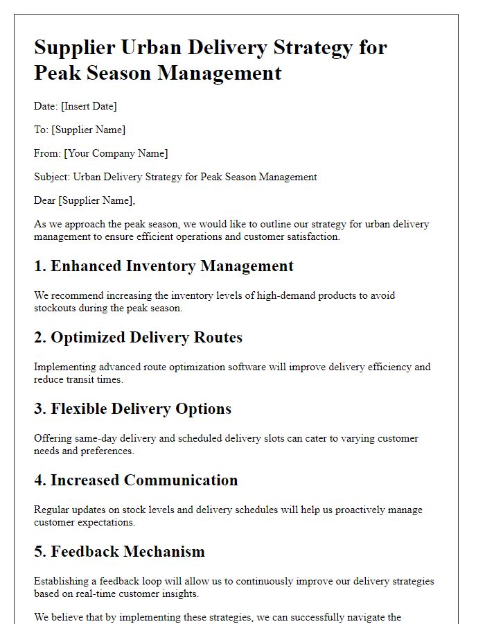 Letter template of supplier urban delivery strategy for peak season management.