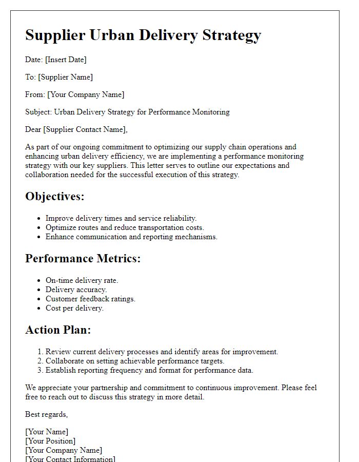 Letter template of supplier urban delivery strategy for performance monitoring.