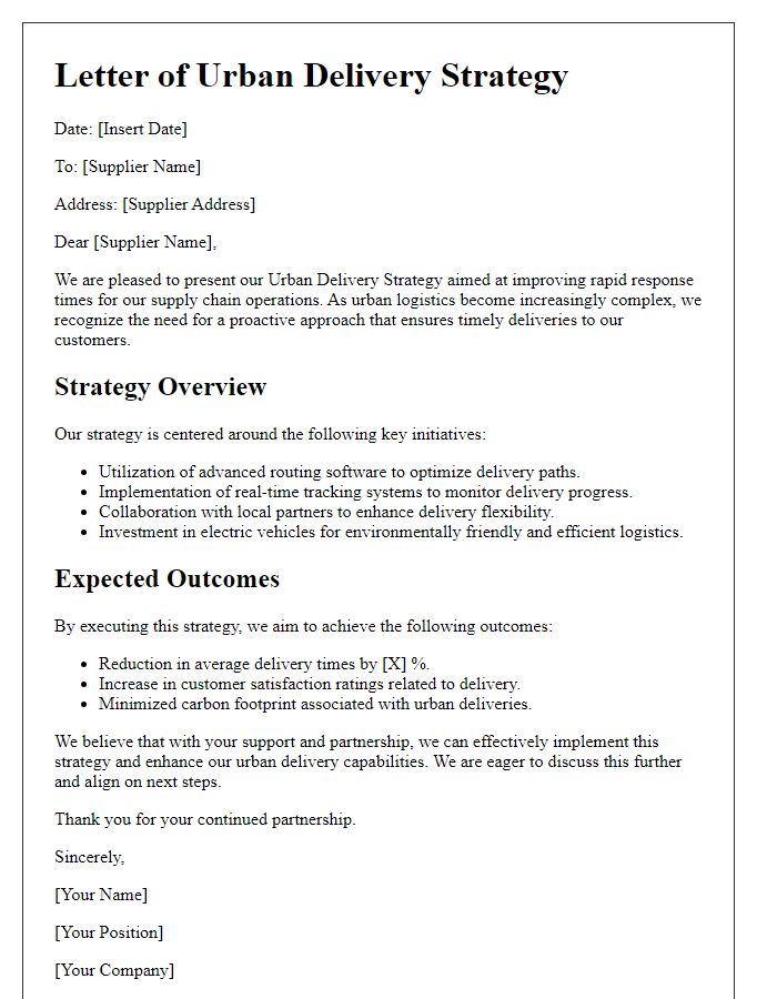 Letter template of supplier urban delivery strategy for rapid response times.