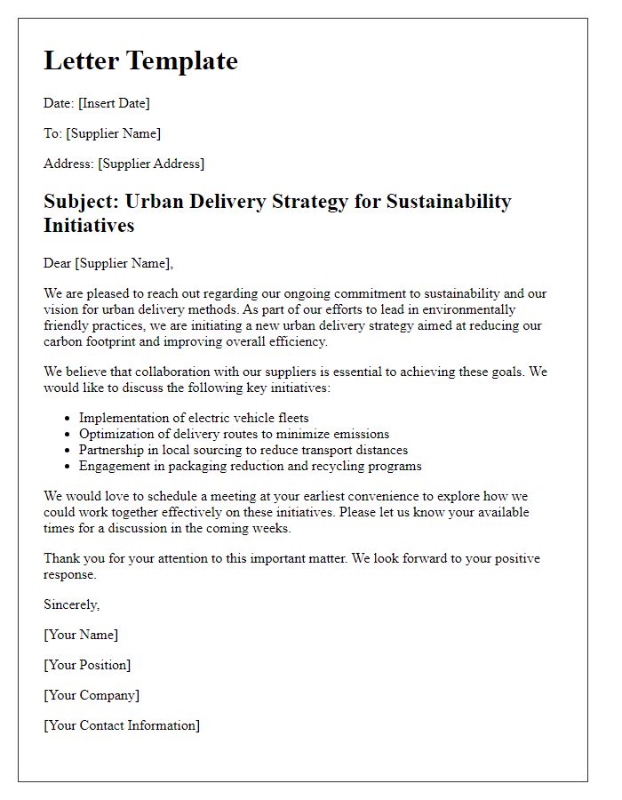 Letter template of supplier urban delivery strategy for sustainability initiatives.