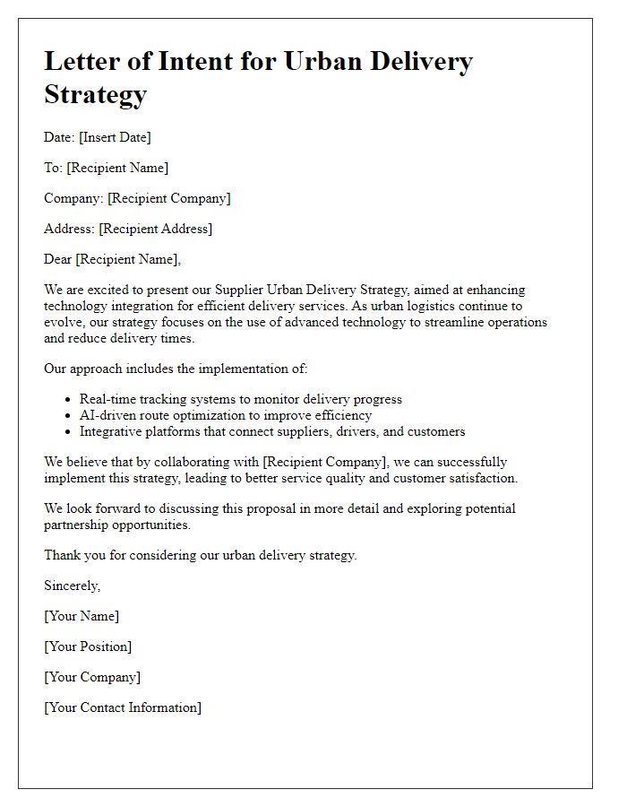 Letter template of supplier urban delivery strategy for technology integration.