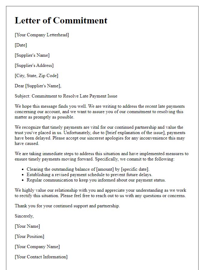 Letter template of commitment to resolve late payment issue with supplier