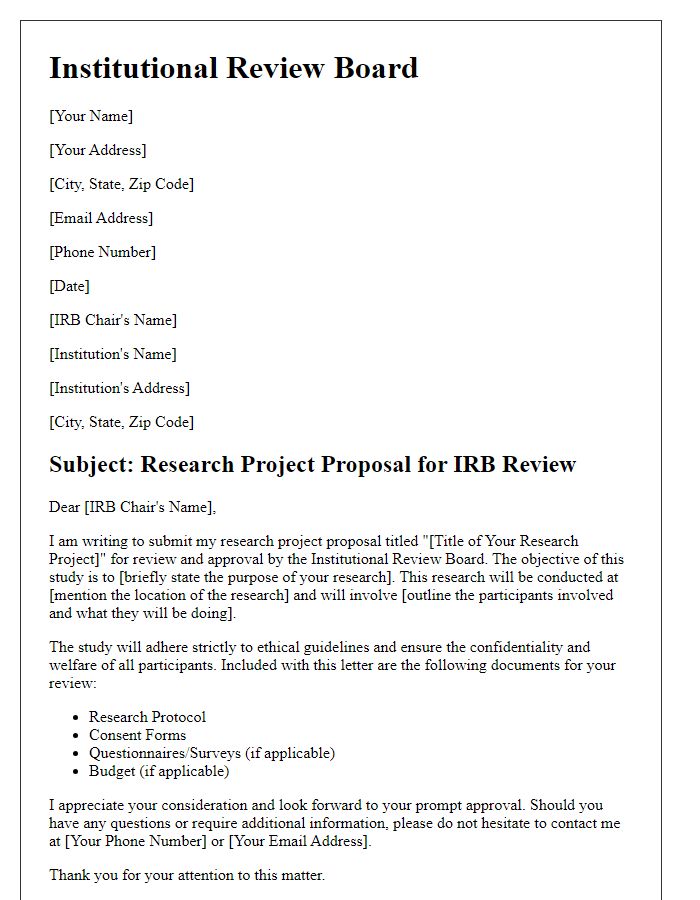 Letter template of research project proposal for institutional review board