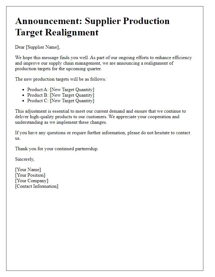 Letter template of announcement for supplier production target realignments