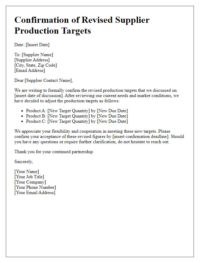 Letter template of confirmation for revised supplier production targets