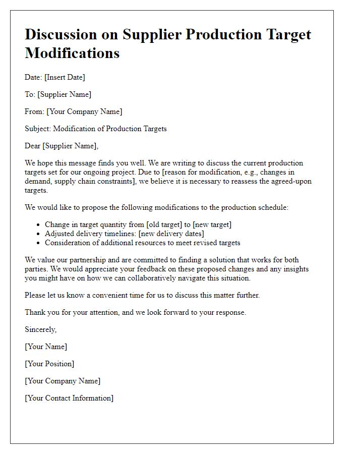 Letter template of discussion on supplier production target modifications