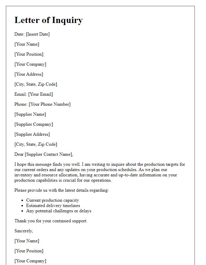 Letter template of inquiry regarding supplier production target updates