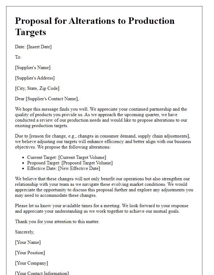 Letter template of proposal for supplier production target alterations