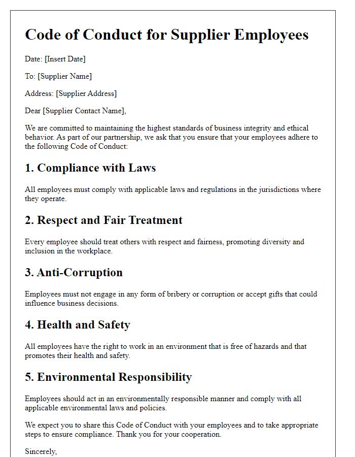 Letter template of Code of Conduct for Supplier Employees