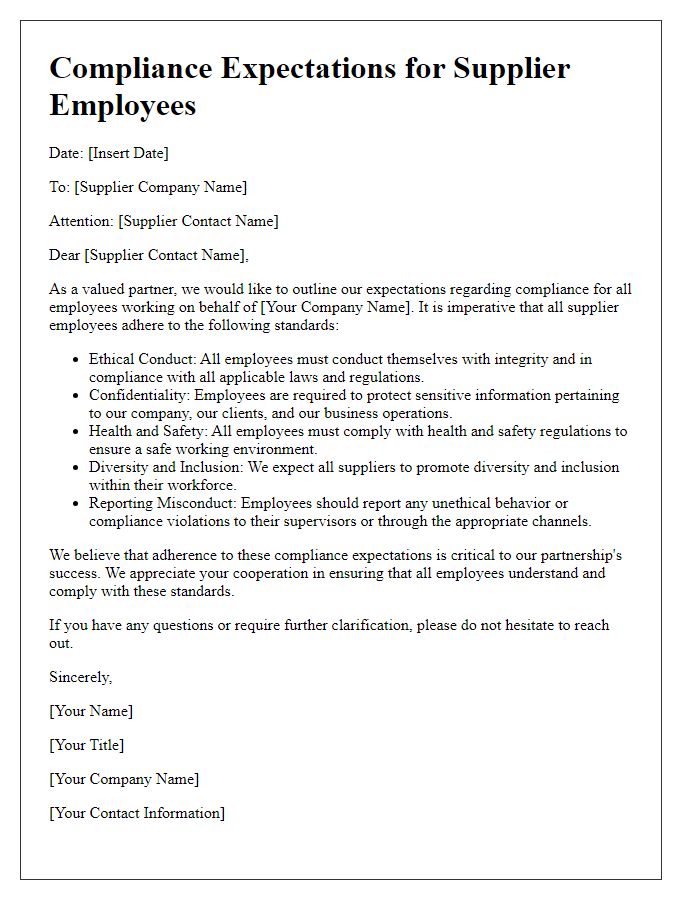 Letter template of Compliance Expectations for Supplier Employees