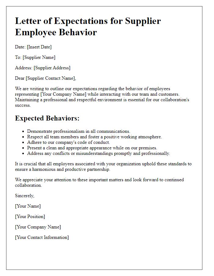 Letter template of Expectations for Supplier Employee Behavior