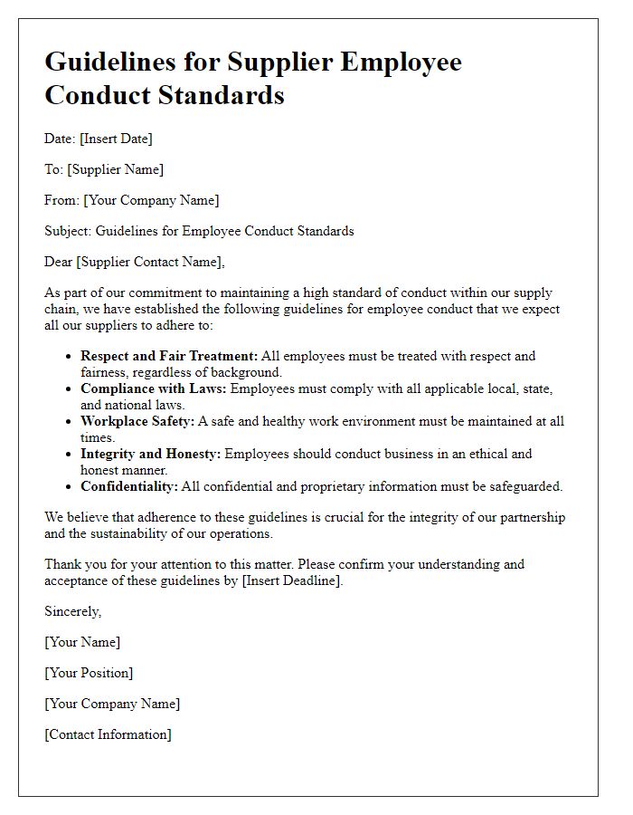 Letter template of Guidelines for Supplier Employee Conduct Standards