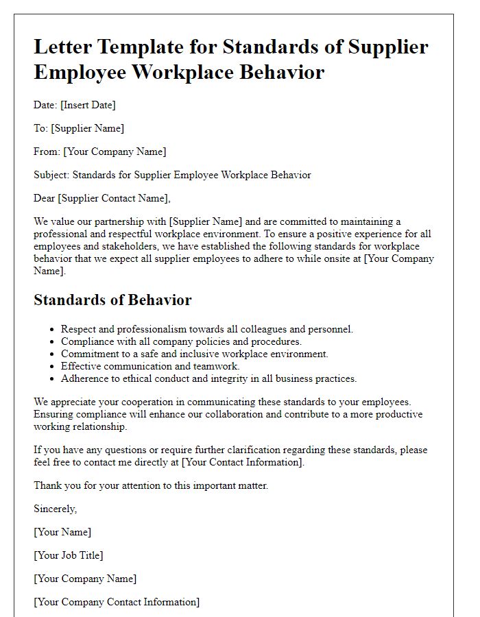 Letter template of Standards for Supplier Employee Workplace Behavior