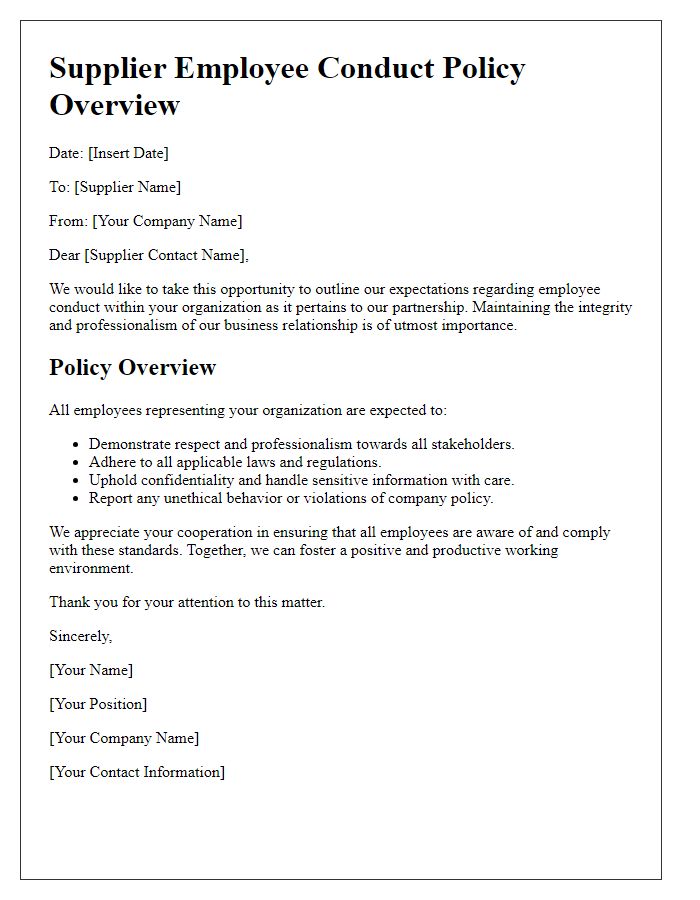 Letter template of Supplier Employee Conduct Policy Overview