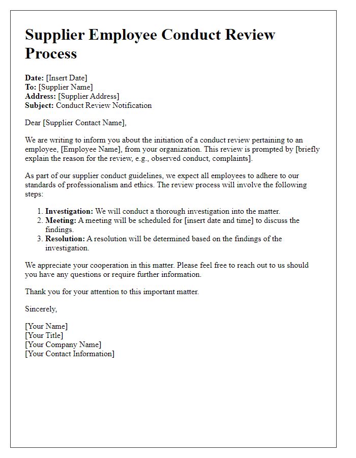 Letter template of Supplier Employee Conduct Review Process