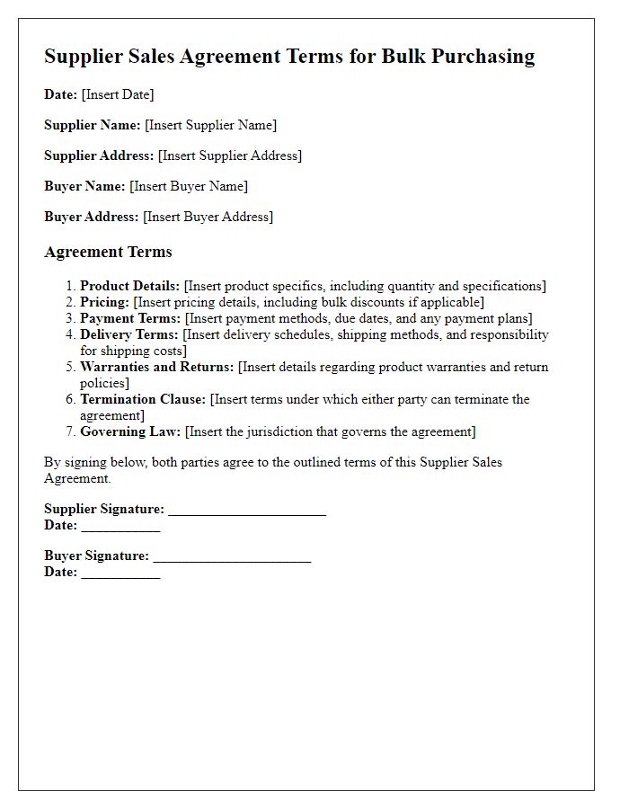 Letter template of supplier sales agreement terms for bulk purchasing