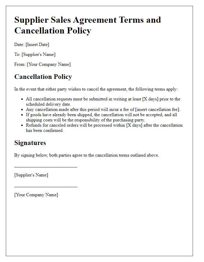 Letter template of supplier sales agreement terms for cancellation policies