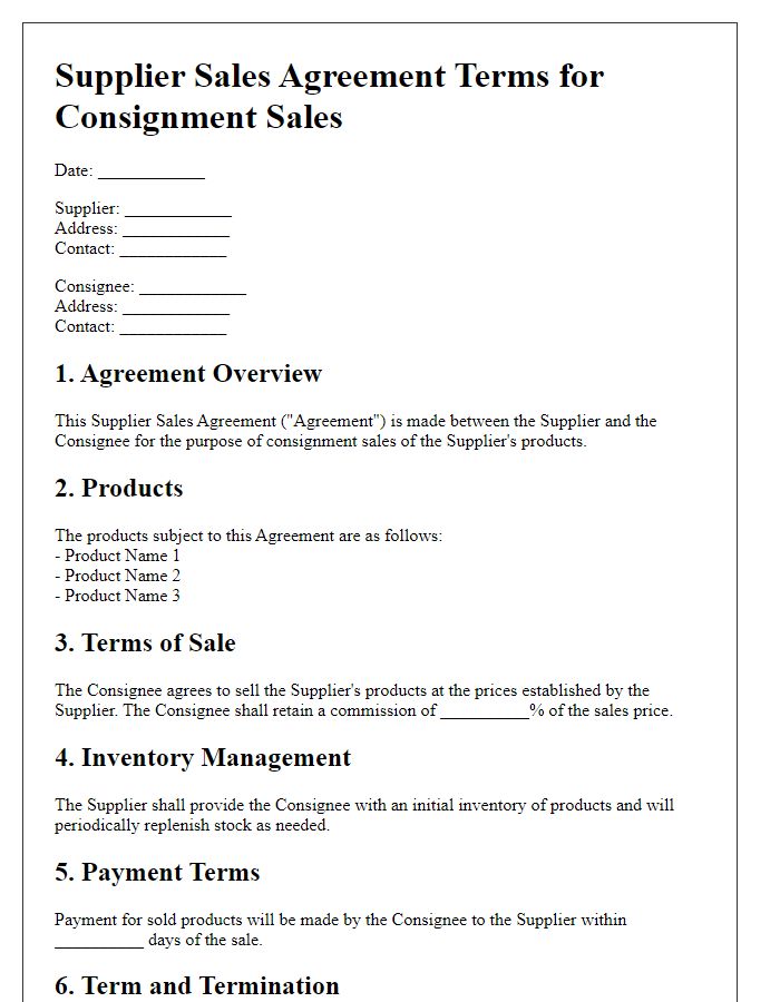 Letter template of supplier sales agreement terms for consignment sales