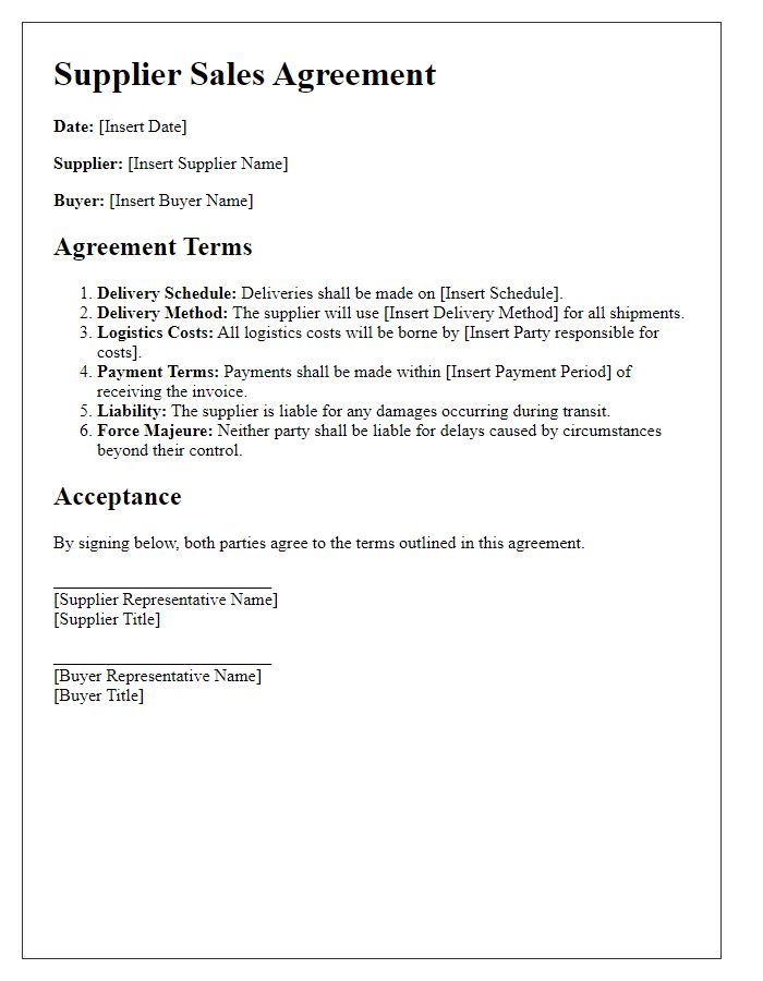 Letter template of supplier sales agreement terms for delivery logistics