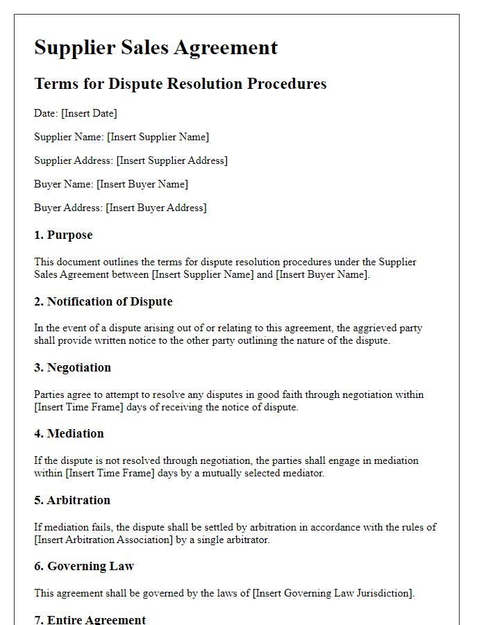 Letter template of supplier sales agreement terms for dispute resolution procedures