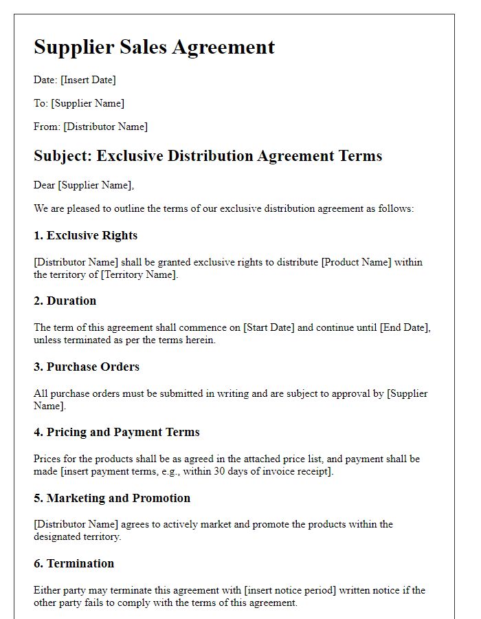 Letter template of supplier sales agreement terms for exclusive distribution