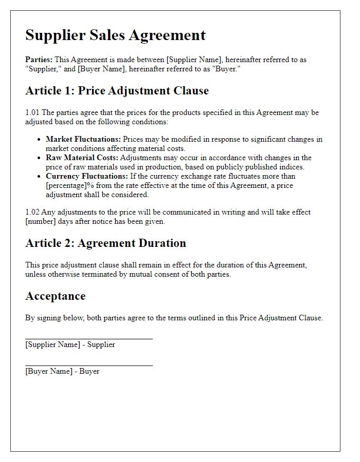 Letter template of supplier sales agreement terms for price adjustment clauses