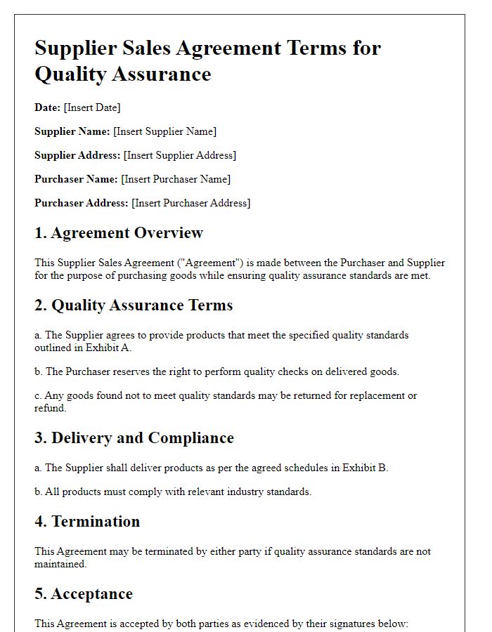 Letter template of supplier sales agreement terms for quality assurance