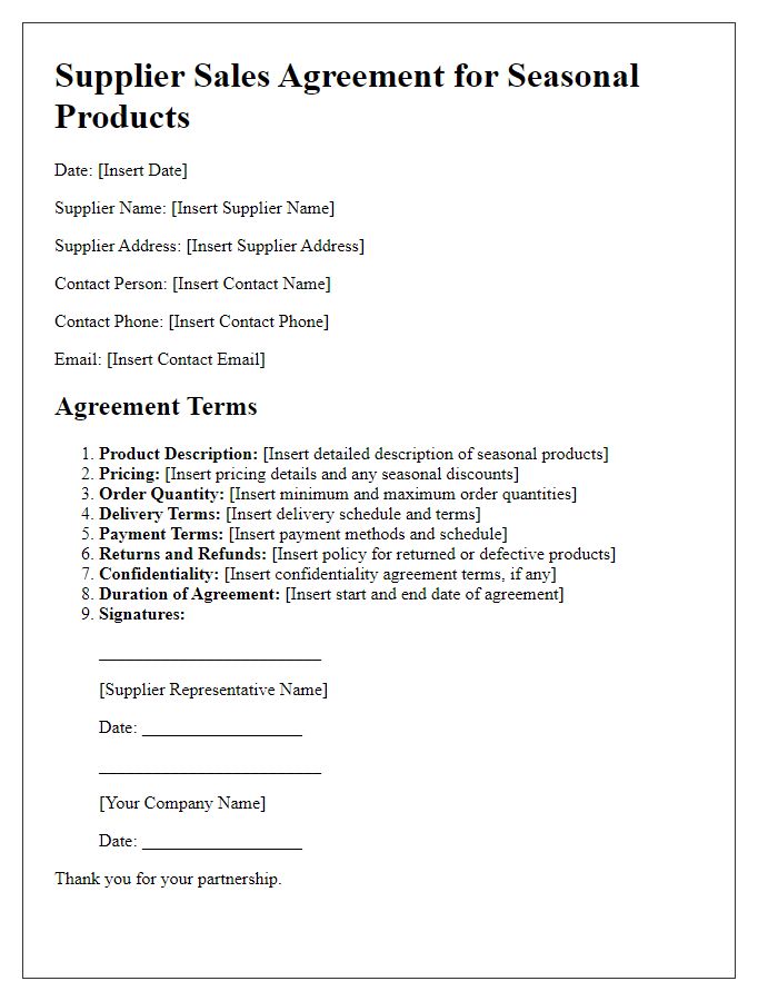 Letter template of supplier sales agreement terms for seasonal products