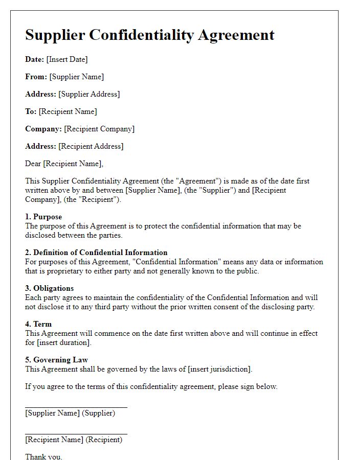 Letter template of supplier confidentiality agreement.