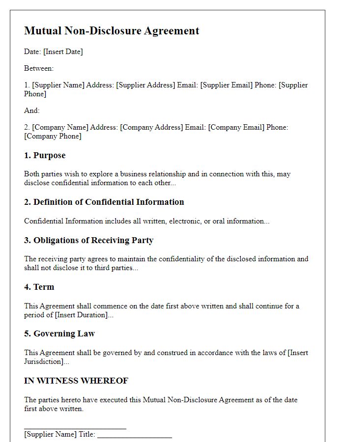 Letter template of supplier mutual non-disclosure agreement.