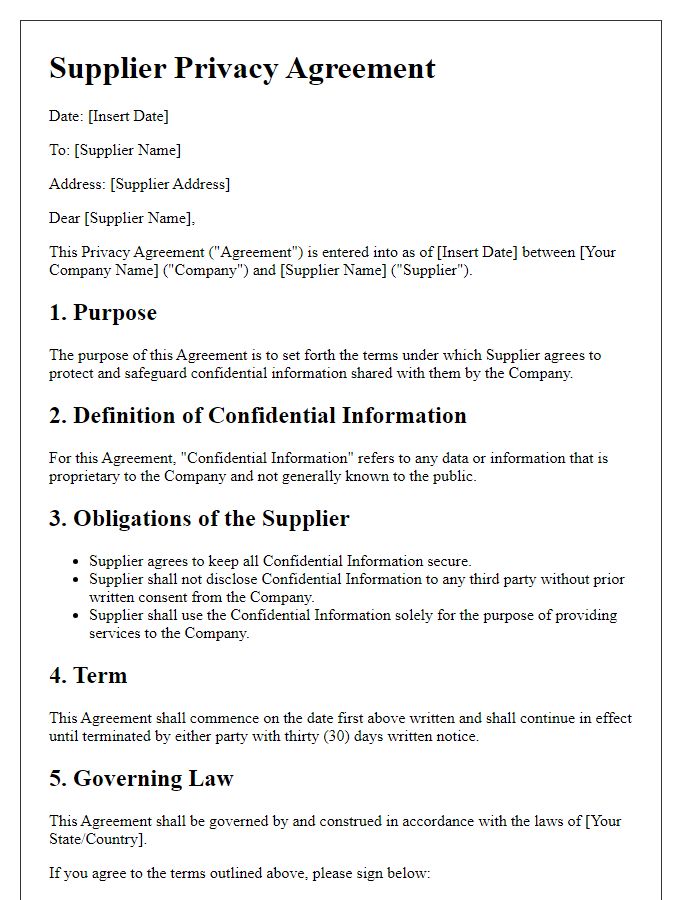 Letter template of supplier privacy agreement.