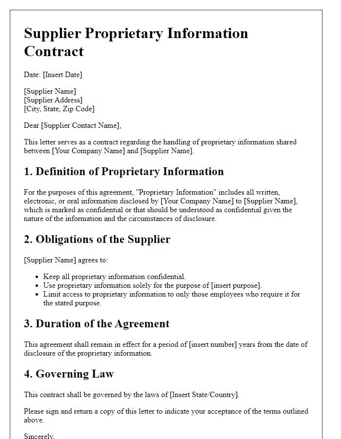 Letter template of supplier proprietary information contract.