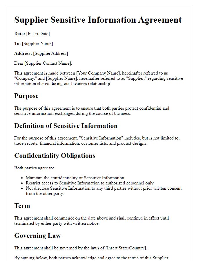 Letter template of supplier sensitive information agreement.