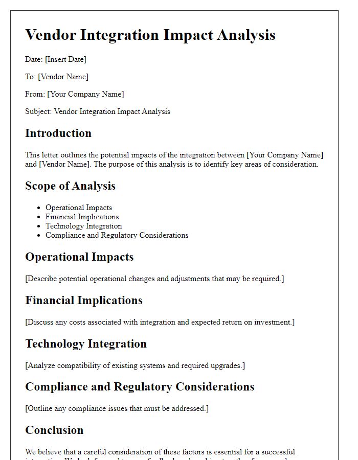 Letter template of Vendor Integration Impact Analysis