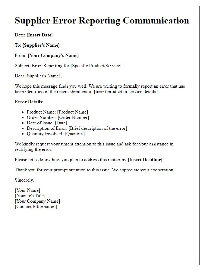 Letter template of Communication for Supplier Error Reporting