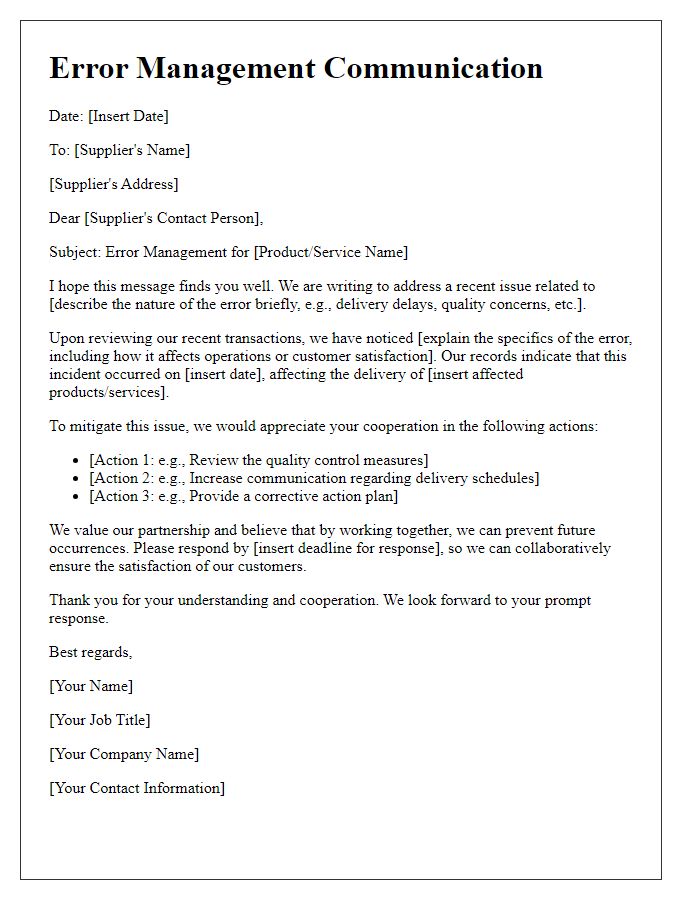 Letter template of Error Management with Suppliers