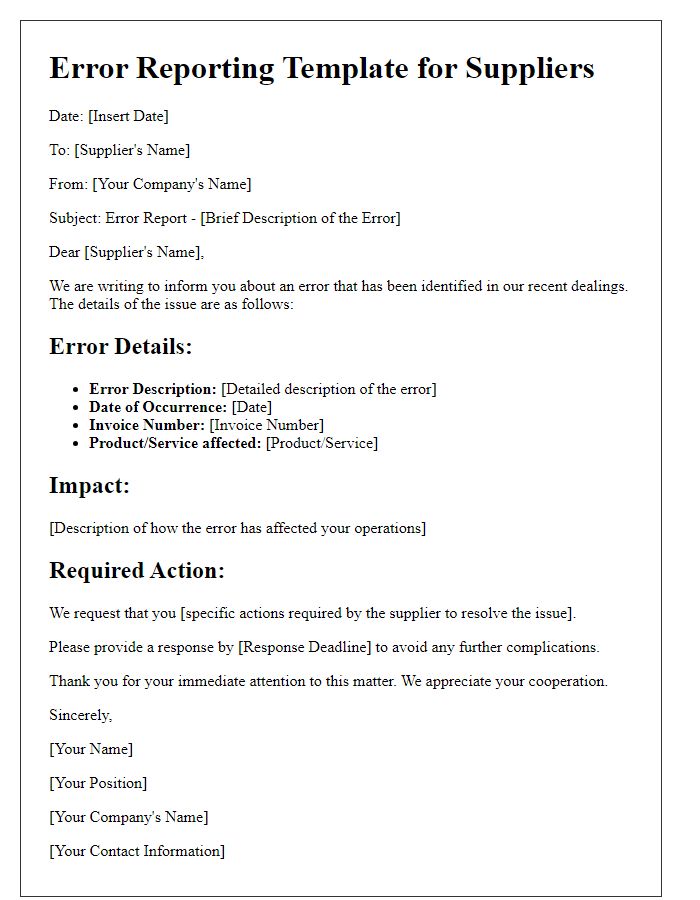 Letter template of Error Reporting for Suppliers