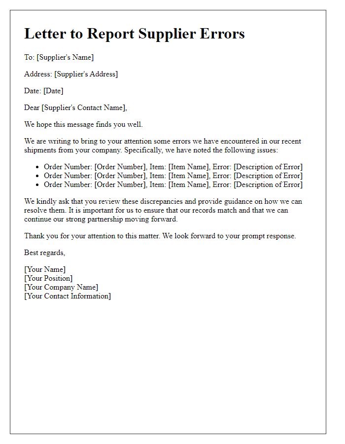 Letter template of Reporting Supplier Errors