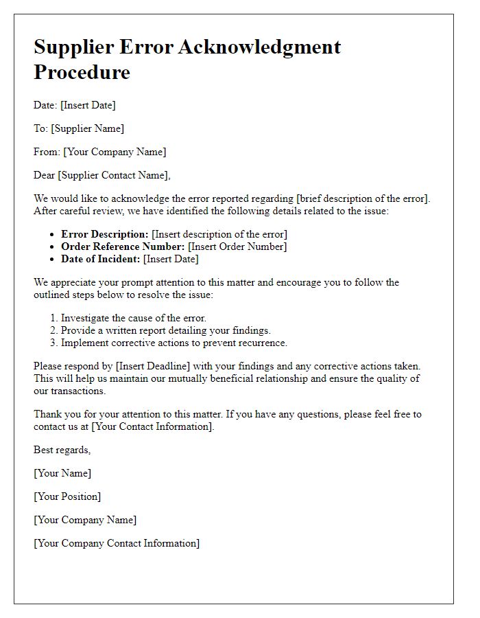 Letter template of Supplier Error Acknowledgment Procedure