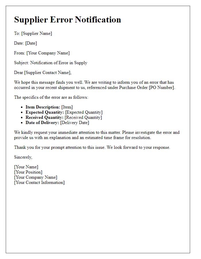 Letter template of Supplier Error Notification Procedure