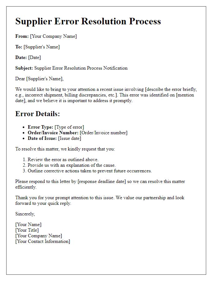 Letter template of Supplier Error Resolution Process