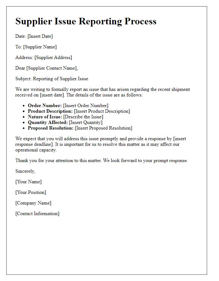 Letter template of Supplier Issue Reporting Process