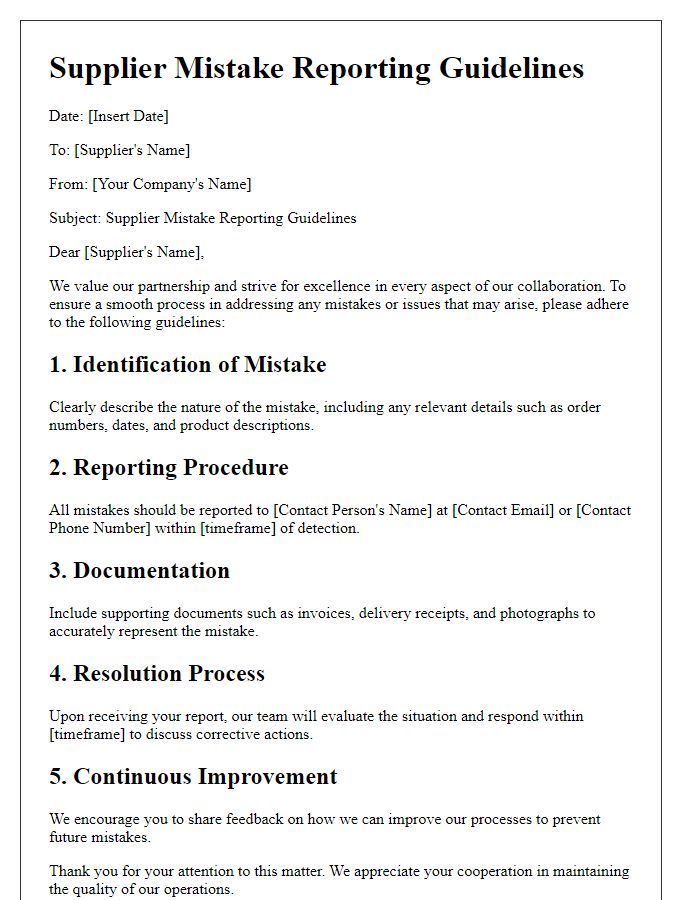 Letter template of Supplier Mistake Reporting Guidelines