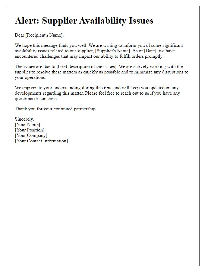 Letter template of alert regarding supplier availability issues