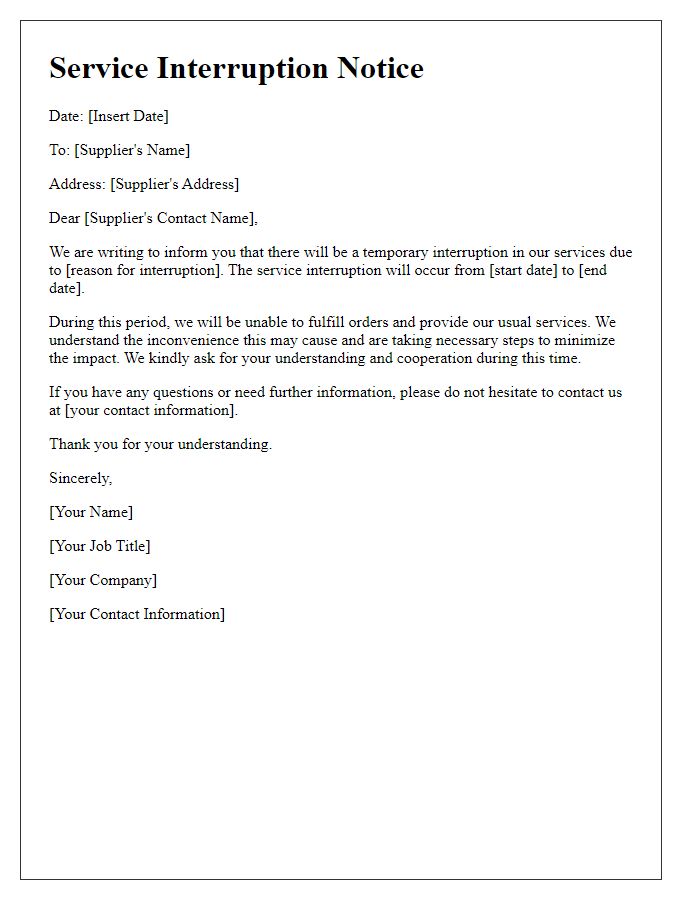 Letter template of service interruption notice to suppliers